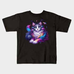 Colorful Maine Coon Cosmic Cat in Stars Kids T-Shirt